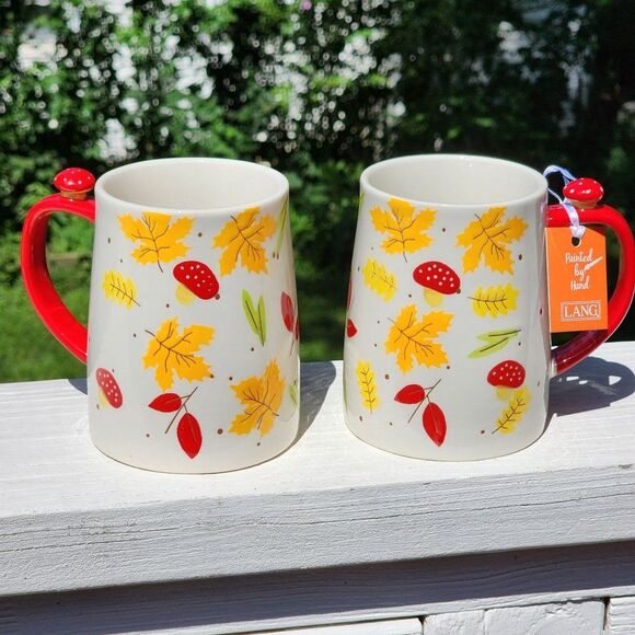 Lang Autumnal Ceramic Coffee Mug Set of 2 Mushrooms And Leaves Hand Painted 16oz - Picture 7 of 14